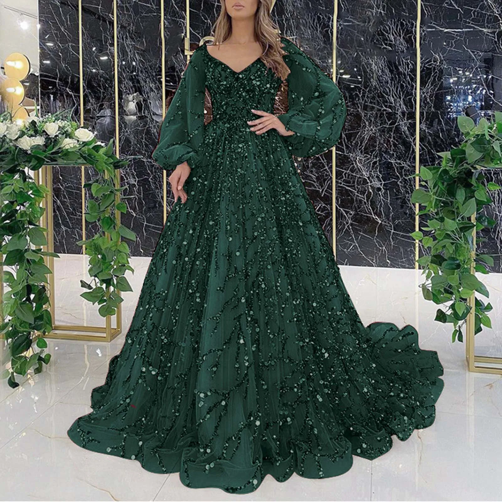 Plus Size Kleid Pailletten bestickt Flares Kleid elegante Party formelle Rock Laterne Ärmel V-Ausschnitt hohe Taille boden langes Kleid