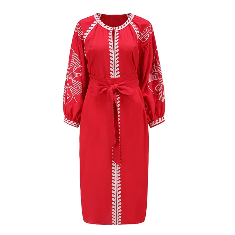 Lantern Long Sleeve Ethnic Tunic Dress For Women Vintage Red Embroidery Cotton Linen Loose Boho Dresses Vestidos Casual Robe