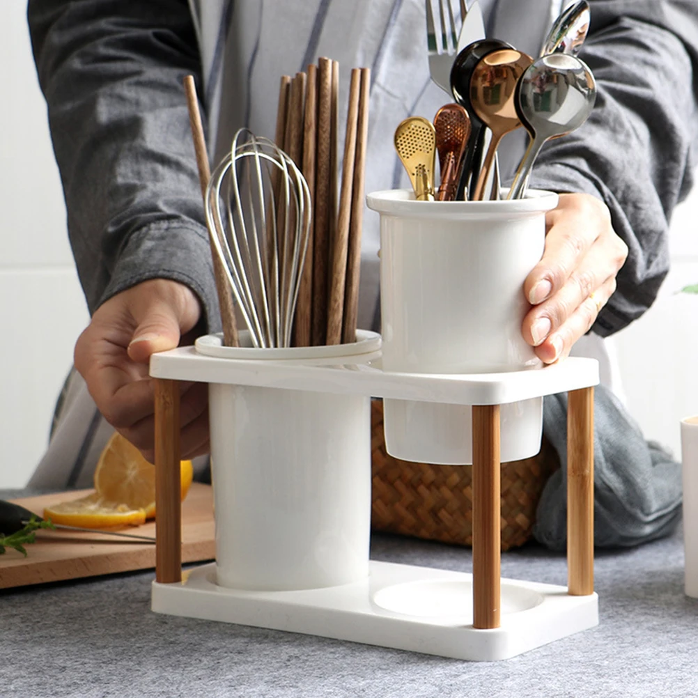 

Ceramic Chopsticks Holder Storage Container Kitchen Flatware Organizer Rack Drainer Stand Smooth Surface Home