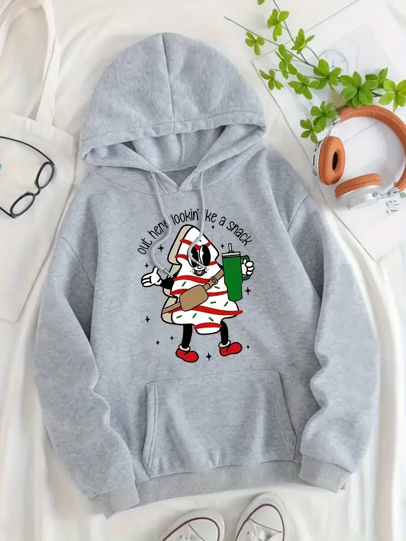 Women\'s Christmas Cartoon Print Casual Hooded Sweatshirt, Polyester, Machine Washable