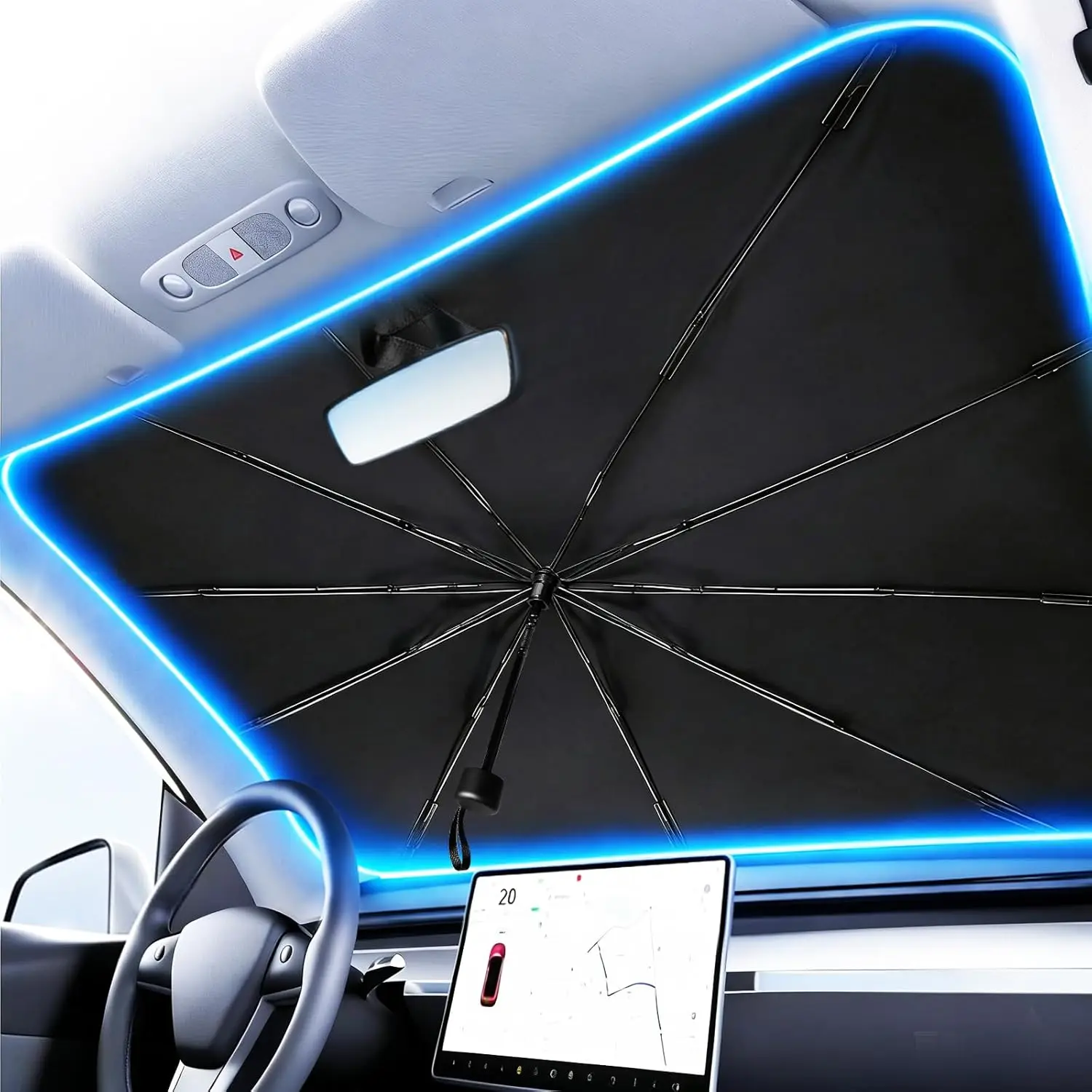 

Солнцезащитный экран для лобового стекла автомобиля с 10 каркасными элементами: блокирует тепло и УФ-лучи, сохраняет салон прохладным и защищенным, легко использовать и хранить.