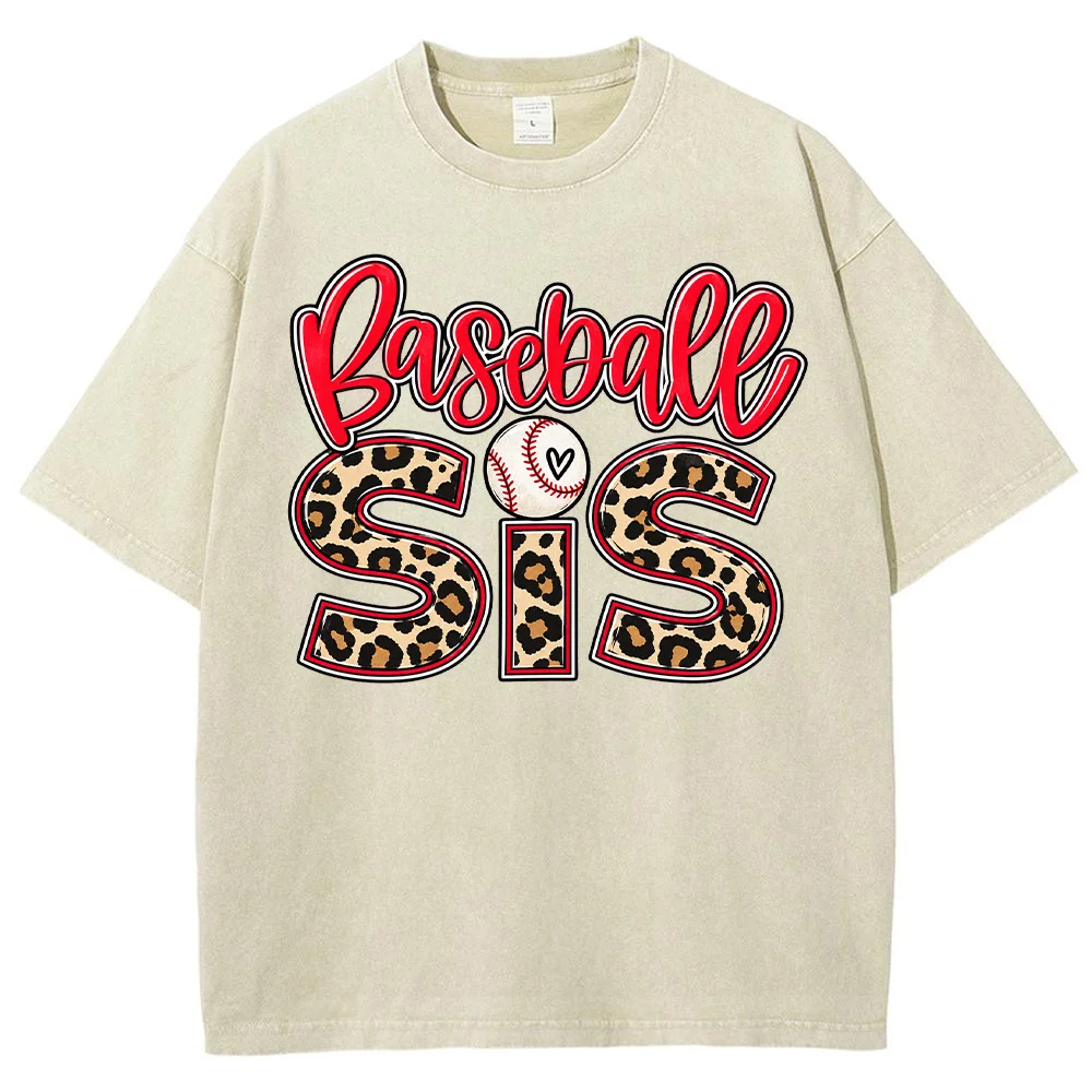 Women T Shirt Baseball Sis Leopard Graphic Printed Short Sleeve Cotton Summer Casual Sports Loose Tee Tops Female Apparel