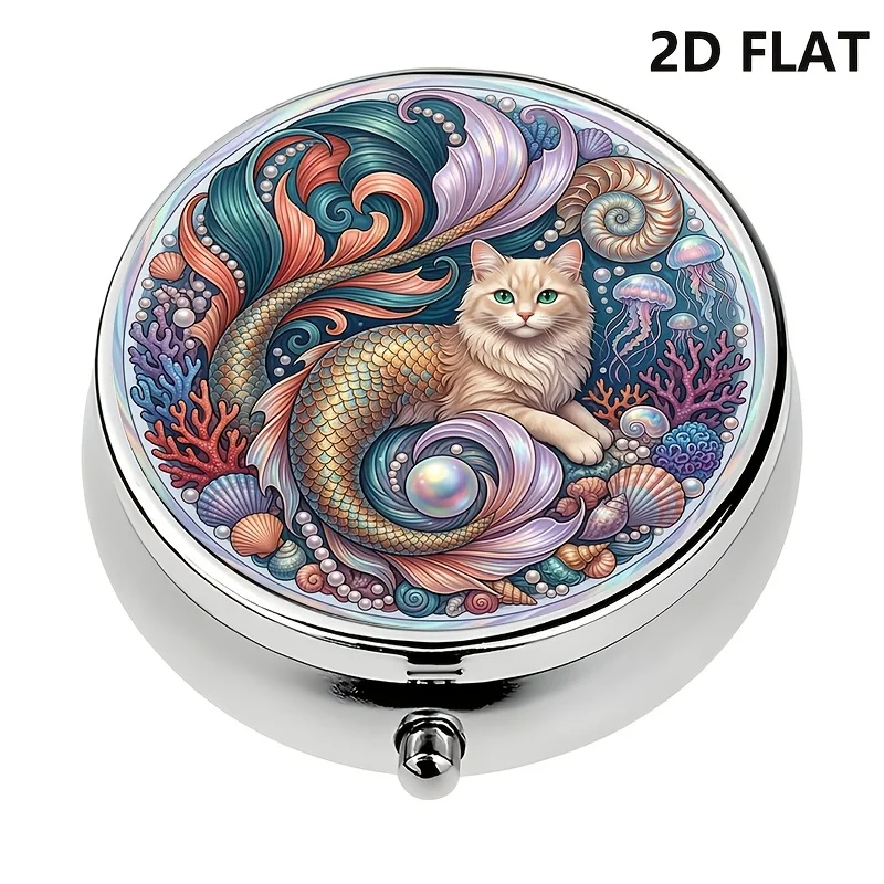 Two-dimensional design, 1-piece travel portable case, includes 3 compartments, fantasy underwater world themed decorative wallet case, decorative metal portable pill box/vitamin case, unique travel style, two-dimensional design, two-dimensional printing, two-dimensional