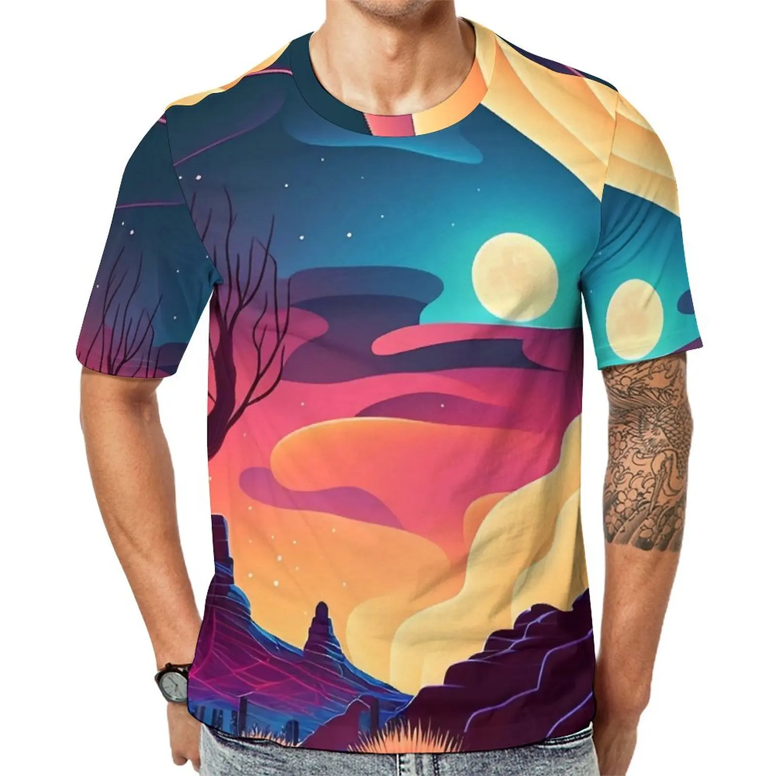الصحراء في الليل تي شيرت للرجال القمر طباعة مخصص س الرقبة تي شيرت الشاطئ كول بلايز قصيرة الأكمام مضحك المتضخم تيز هدية #1