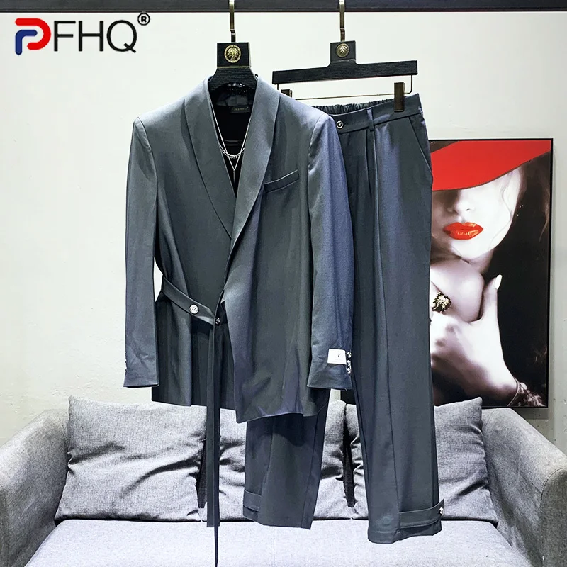 PFHQ 2023 Summer New Fashion Men\'s 2 Pcs Set Solid Asymmetrical Long Sleeve Loose Blazer Straight Pants Sets Men Tide 21F3957