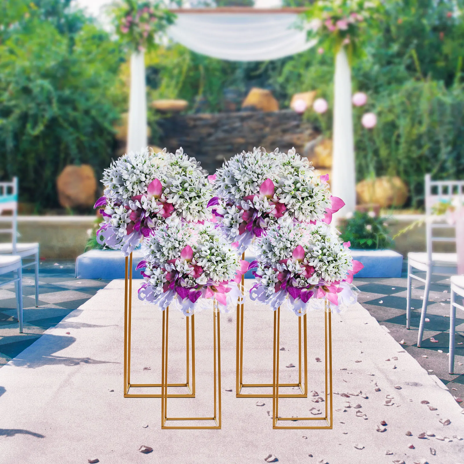 4 Piece Gold Wedding Flower Stand Set | 40cm+60cm Tall Geometric Metal Column Rack | Party Balloon Bouquet DIY Decoration Holder