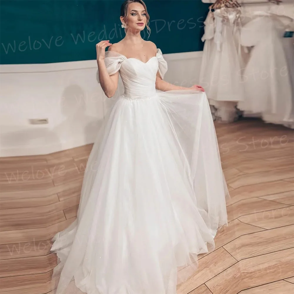 Vestido De Novia De corte en A para mujer, con hombros descubiertos traje Sexy, elegante, escote Corazón, tul con espalda descubierta