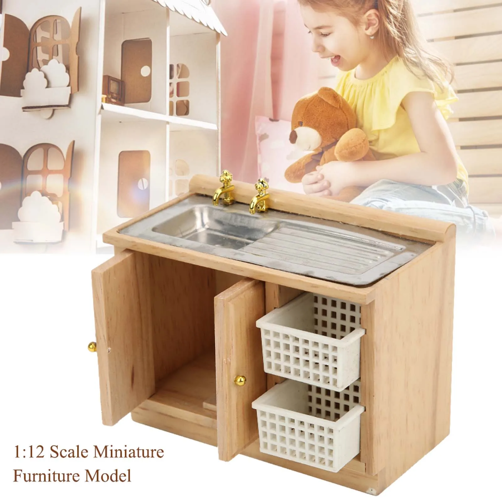 ZK40 Dollhouse 1:12 Scale Miniature Furniture Model Kitchen Dish Washing Table with Baskets