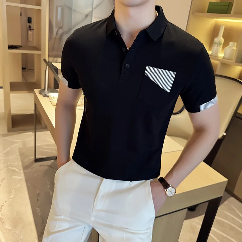

Korean Fashion Patchwork Polo Shirt for Men Short Sleeved Casual POLO Shirts Slim Fit Social Office Lapel Tee Tops Men Clothing