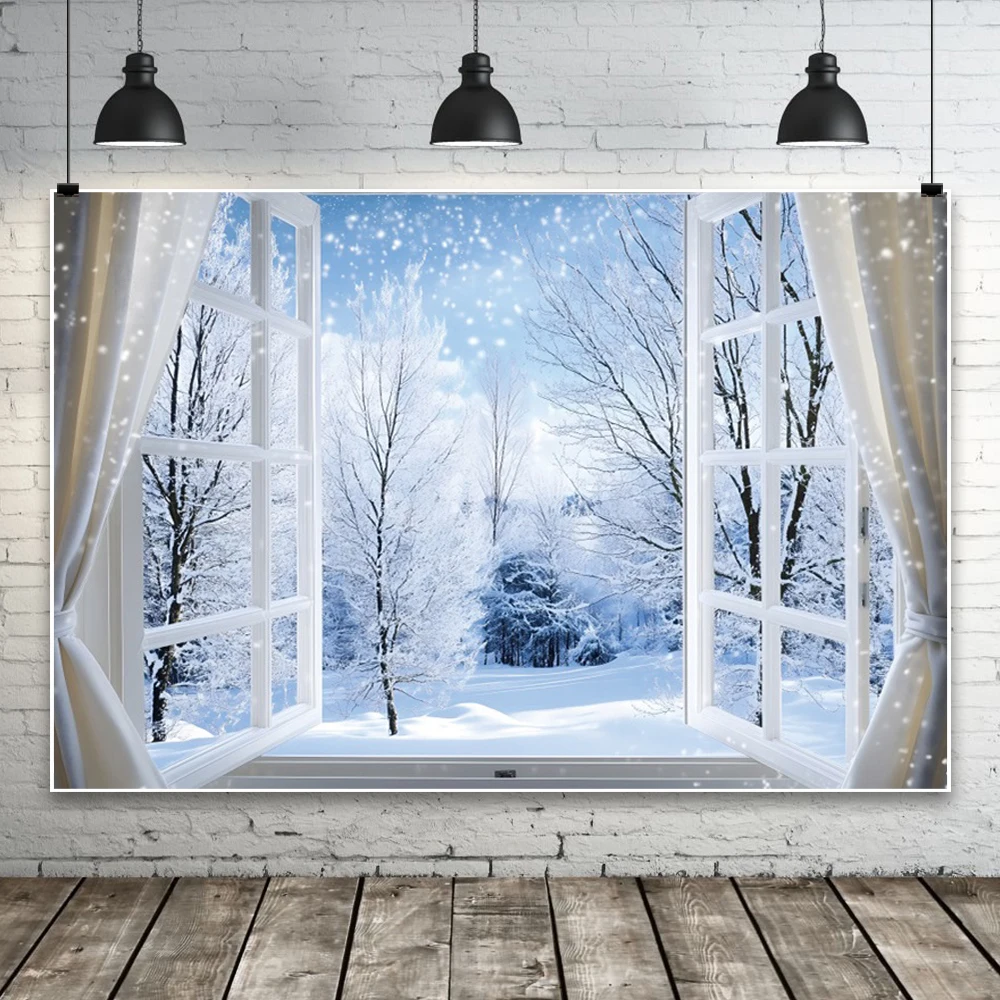 خلفية نافذة غابة الثلج الشتوية ، ديكور جداري لغرفة المعيشة ، خلفية تصوير صورة عائلية ، دعامة تصوير فوتوغرافي ، استوديو فوتوغرافي