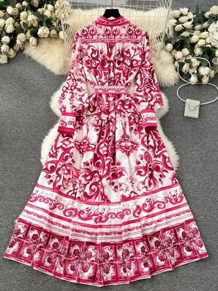 Autumn Holiday Print Yellow Floral Maxi Dress Women\'s Single Breasted Loose Lace Belt Red Blue White Porcelain Long Robe Vestido