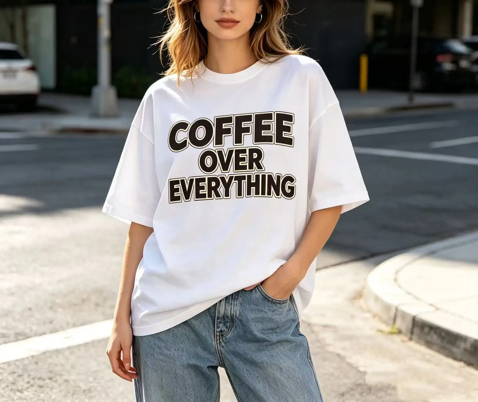 Unisex Coffee Over Everything Bold Letter Slogan Graphic T‑Shirt Men Women Aesthetic Coffee Lover Print Oversized Crew Neck Tee