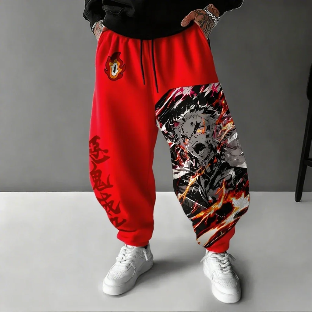 Demon Slayer Anime hombre 2026 Otoño/Invierno pantalones deportivos Rengoku Kyoujurou estampado dibujado a mano deportes Casual moda pantalones ajustados