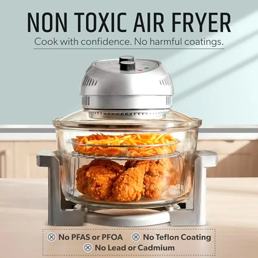 Family-sized air fryer for French fries and chicken: 16Qt glass design, non-toxic stainless steel racks, 3 cooking sections, no