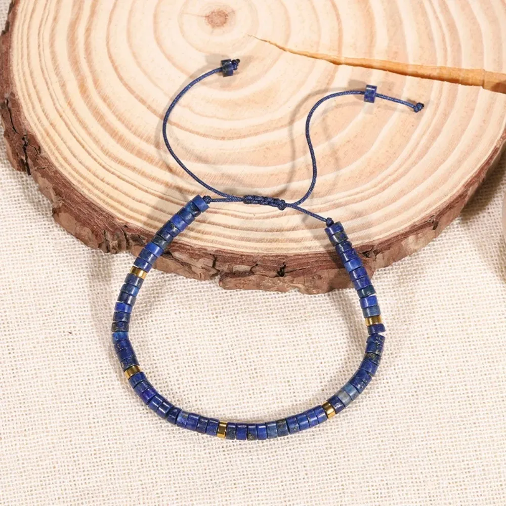 Tiny Lapis Lazuli Disc Bead Adjustable Braided Bracelet Bohemian Healing Crystal Stackable Bracelet Unisex Natural Stone Jewelry