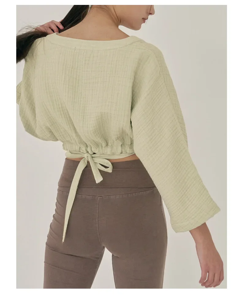 Muslin 100% Cotton Gauze Oversized T Shirt Sexy V-Neck Women\'s Long Sleeve Tops Chic Bandage Lace Up Shirt Camisetas