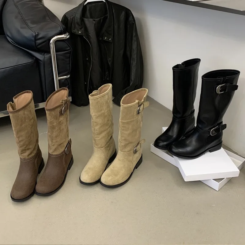 Eilyken Winter Retro Contrasting Splicing Buckle Strap Women Knee-High Boots Western Style Round Toe Square Low Heels Shoes