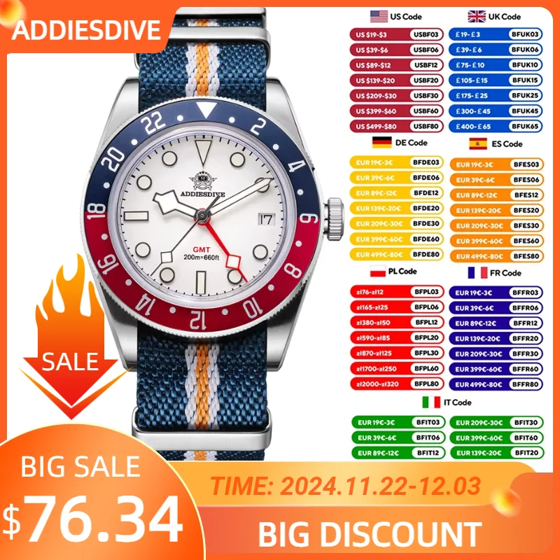 Addiesdive Topmerk Gmt Heren Quartz Horloge Bubble Spiegel Glas Lichtgevende Relojes Hombres 20bar Waterdichte Lichtgevende Ad2044 Horloges