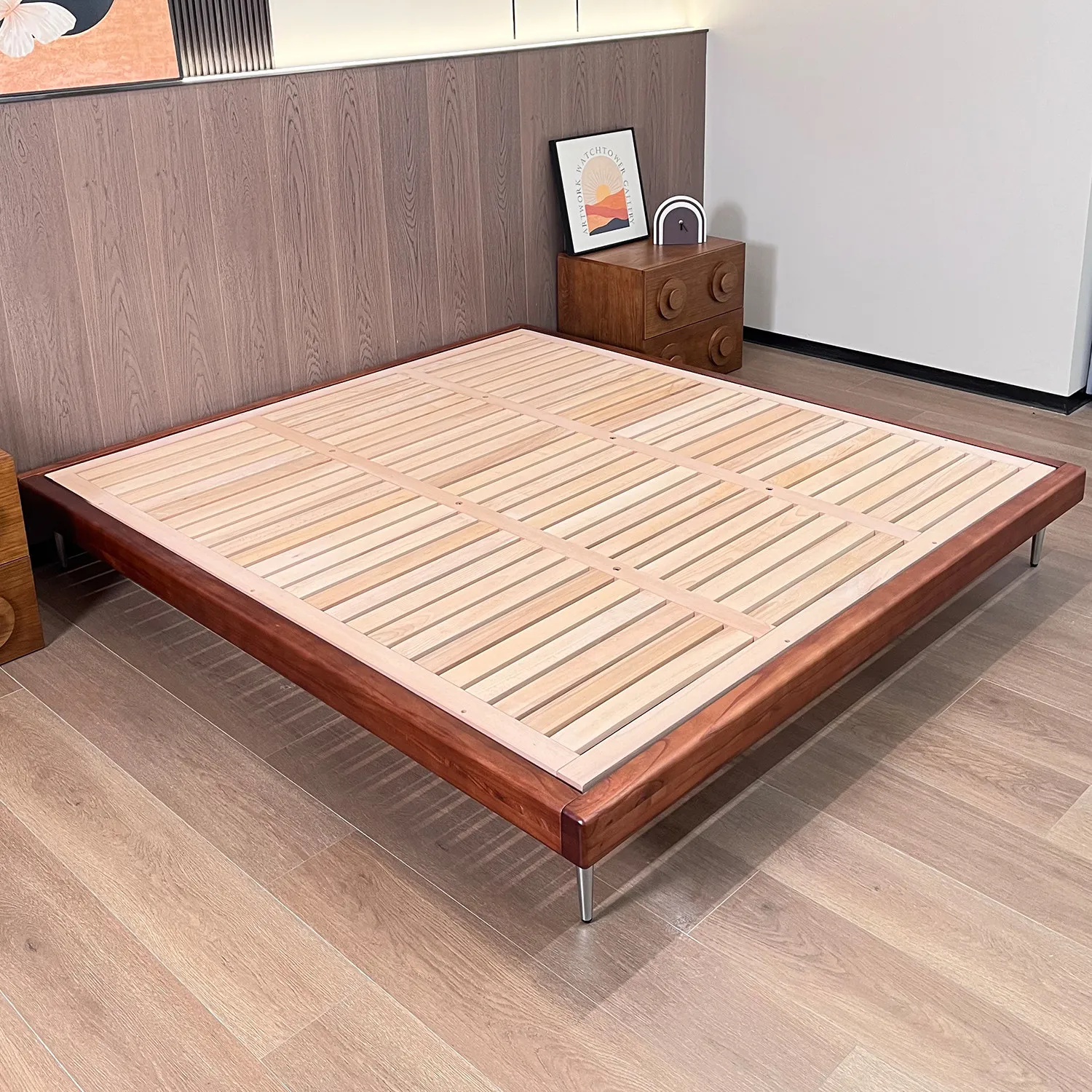 Quality Space Solid Wood Bed No Headboard Beech Slatted Bed Frame Medieval Style Mortise Tenon 10-Legged Small Apartment Bed