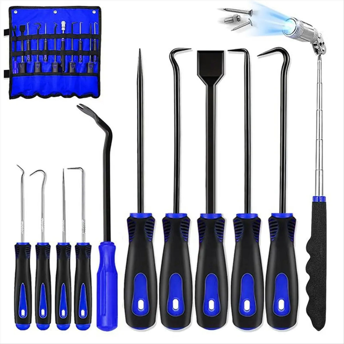 A58Z 11 Pcs Automotive Hook and Pick Tool Set with Telescoping Magnetic Pickup Gasket Remover Pry for Auto