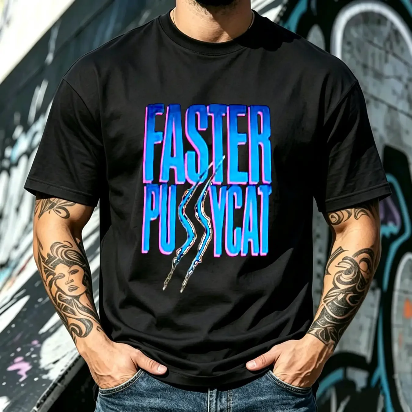 washed T Shirt Faster Pussycat Band Black great new long or short sleeves vintage Washed graphic homme fashion Slightly Stylish