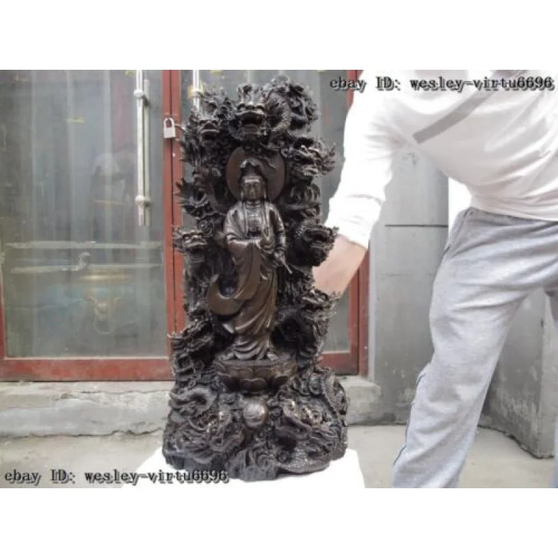 Chinese Buddhism Temple Copper Bronze Nine Dragon Kwan-yin Guanyin Buddha statue