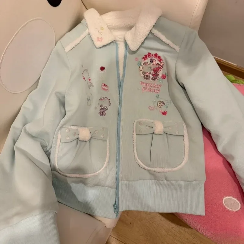 

Женские повседневные куртки в стиле харадзюку с вышивкой в японском мультяшном стиле, с меховыми вставками, свободного кроя, в стиле Y2K, эстетика гранж, на молнии ​ Джексы