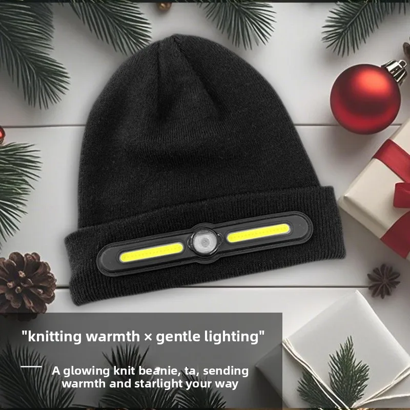 Motorcycle Hat Type-C Rechargeable XPE Headlamp Hat Winter Knitted Night Light Helmet Warning Light Christmas Halloween Gift