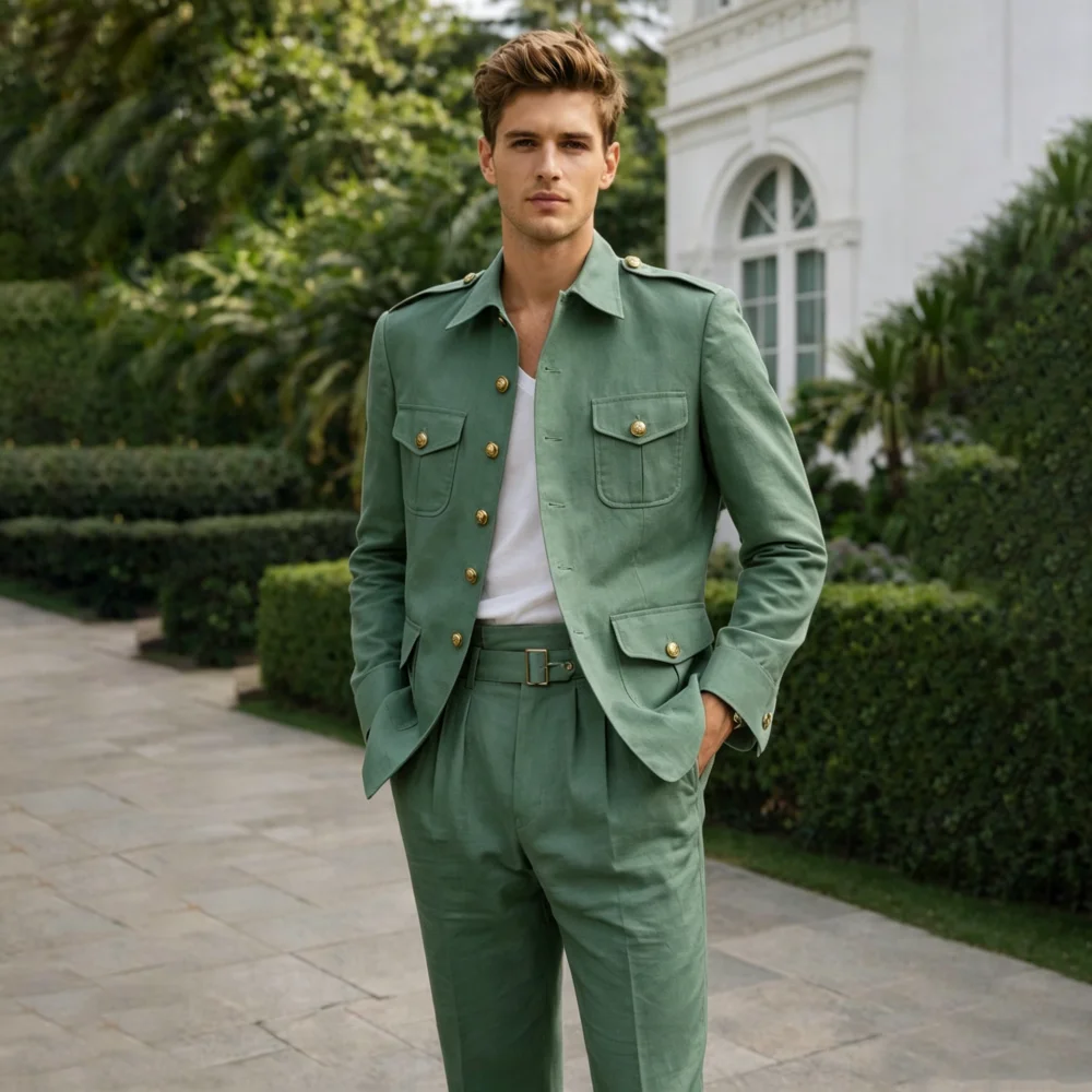 Linen Safari Suits for Men Single Breasted Vintage Tailored 2 Pieces Set for Wedding Groom Guest Formal Party (Jacket +Pants)