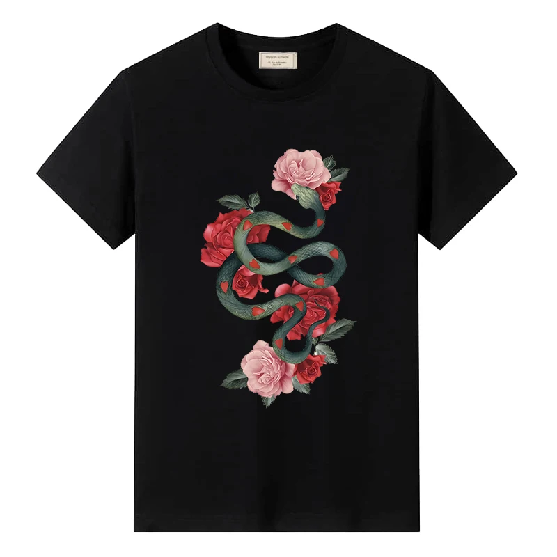 

Summer Men's Casual T-shirt Rose Snake Graphic Print Man Luxury Design Tees Trendy High Quality Cotton Tops for Male