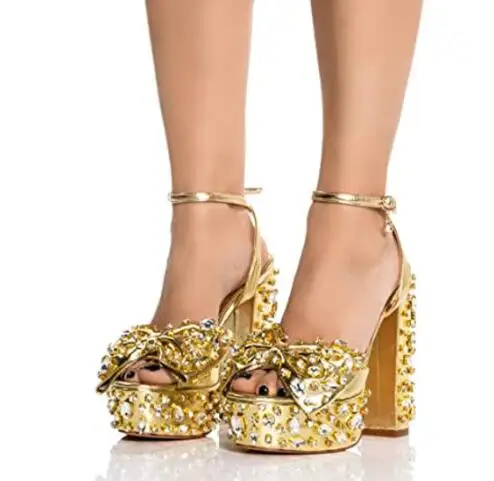 

Size 47 Gold Pink Crystal Diamond Platform Sandals Women Fashion Butterfly Knot Peep Toe Ankle Buckle Strap Chunky Heels Sandals