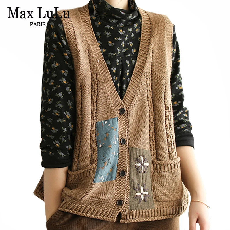 Max LuLu Women Vintage Casual Sweater Vest New 2022 Spring British Style Floral V-Neck Design Sleeveless Coat Elegant Waistcoats