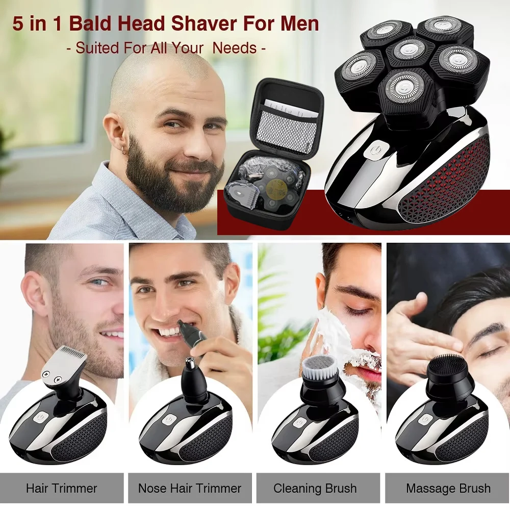 WAHFOX Head Shaver 5 in 1 Electric Razor for Bald Men Trimmer With Nose Hair Sideburns Clipper Waterproof Wet Dry Grooming Kit