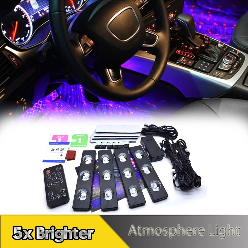 

4Pcs USB LED Car Atmosphere Decorative Lights Foot Interior Modification Colorful Sound Control Lamps One to Four Decorative At