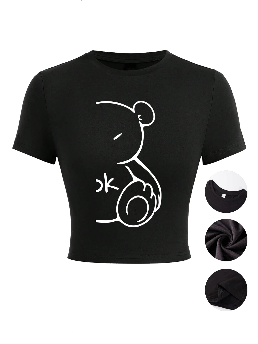 

Cartoon Bear That Feels Okay Prints Women Crop T-Sirts Summer O-Neck Slim Tops High Elastic Short Sleeve Tees Basic Soft Clotes