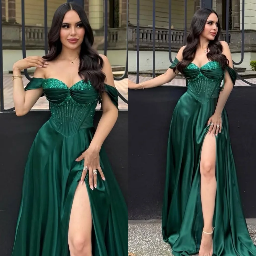 فستان سهرة أنيق من الساتان الأخضر مخصص كلاسيكي بدون حمالات قبالة الكتف فستان حفلة موسيقية بأربطة من الخلف فساتين مناسبة مخصصة