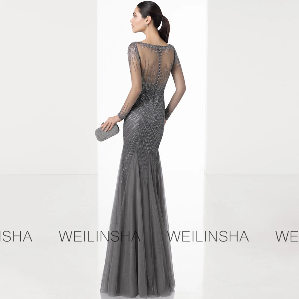 Glitz e glam convidados vestidos de festa de casamento chiffon sereia vestido de noite cinza o-pescoço contas botões mãe da noiva vestido