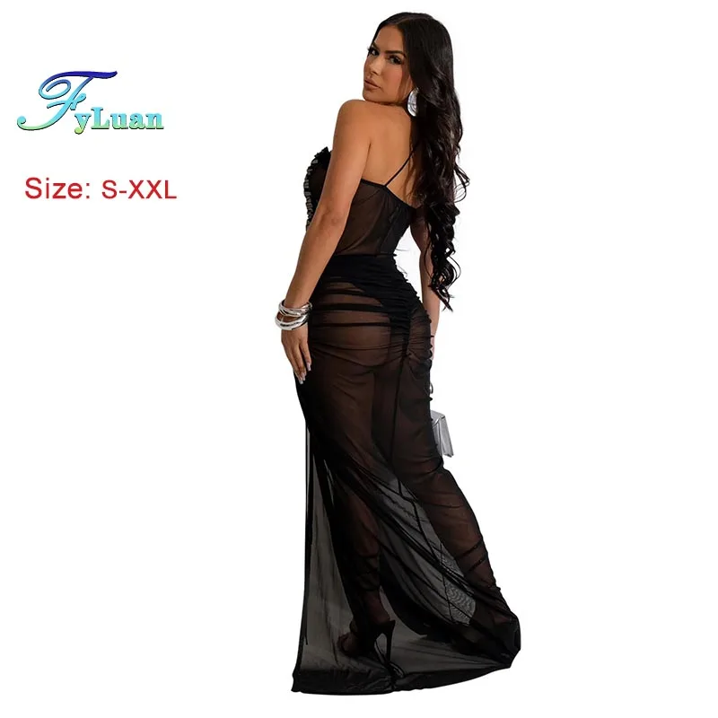 2025 Nieuwe Vrouwen Sexy Avondjurk Effen Kleur Diepe V-hals Zoom Split Lange Jurk Mode See-Through Mouwloze Afslanken dame Jurk