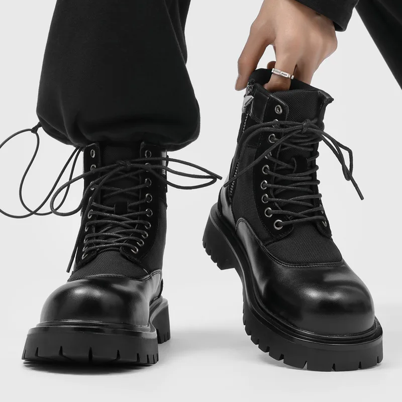 British style mens casual platform boots black trendy breathable shoes outdoors cowboy tooling work boot handsome ankle botas