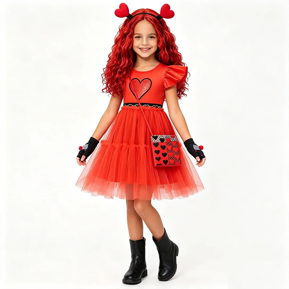 Kids Descendants 5 Red Heart Tutu Dress for Girls Halloween Cosplay Masquerade Carnival Party Performance Children's Costume