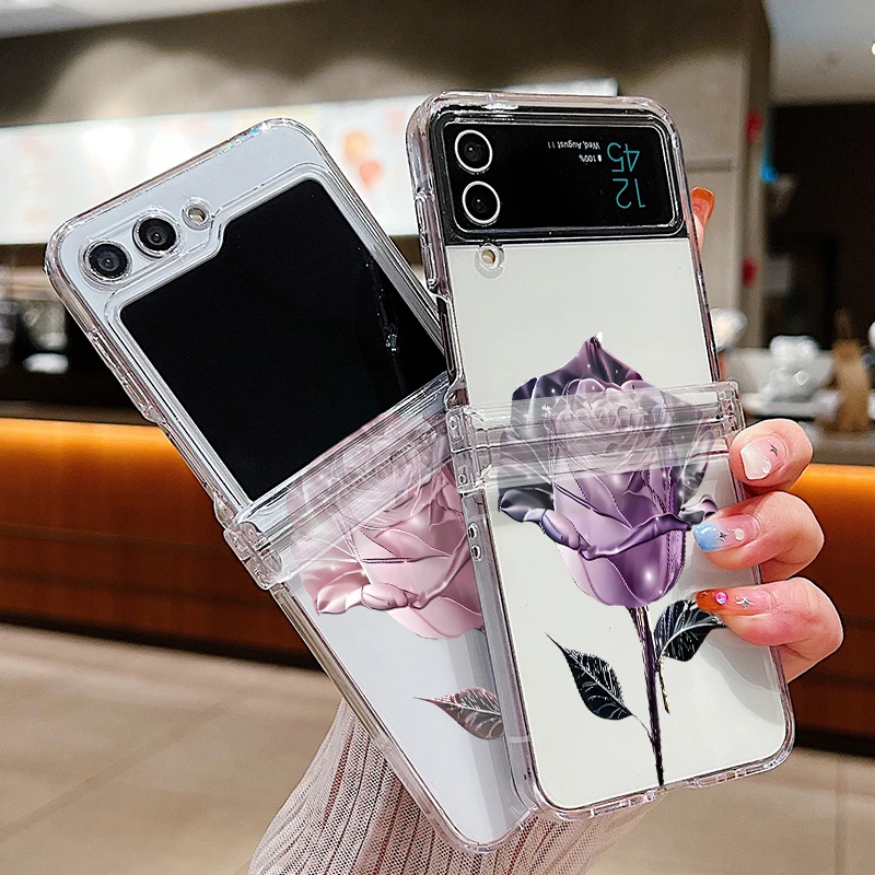 Rose Flower Pattern Clear Phone Case For Samsung Galaxy Z Flip5 Flip4 Flip6 5G Hard PC Folding Cover For Samsung Z Flip 6 5 4 3