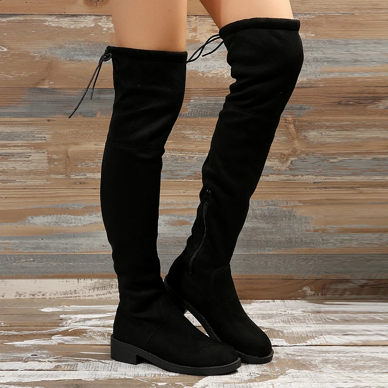 Fashion Slim Over The Knee Boots Women Autumn Winter Short Plush Long Boots Woman Black Flock Low Heel Thigh High Botas Big Size