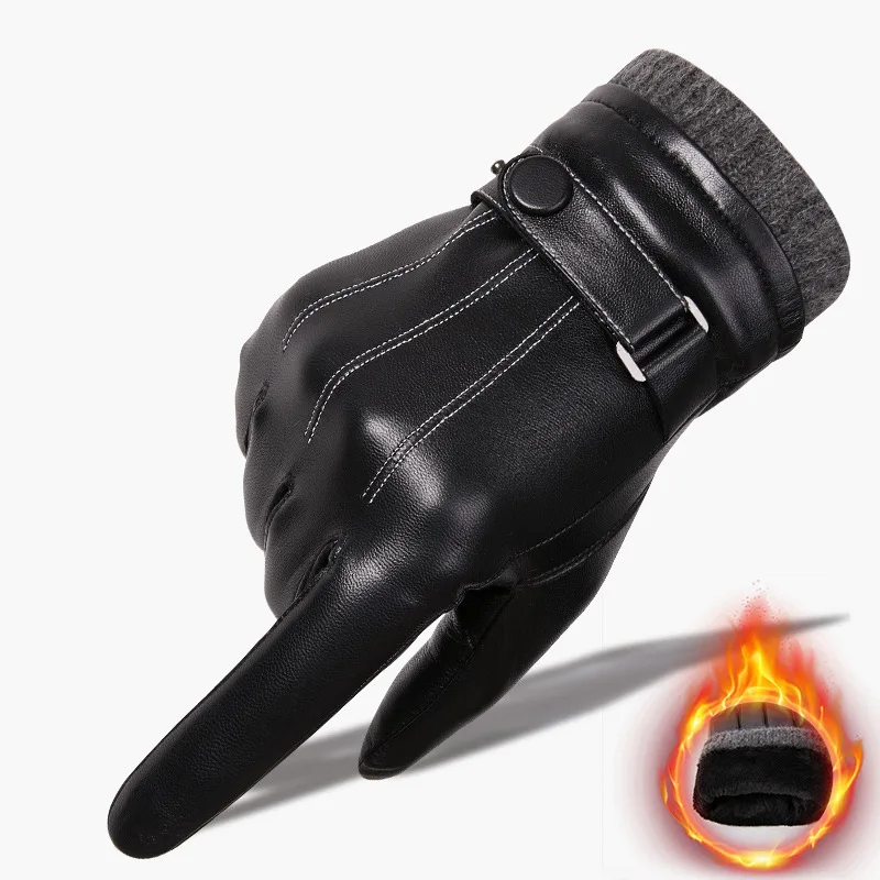 

Winter Warm Genuine Leather Mittens for Men Touch Screen Goatskin Gloves Velvet Lined Thickened Proof Driving Motorcycle