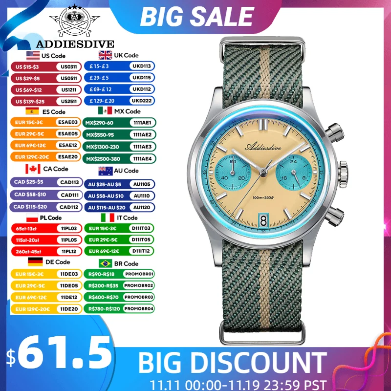 

ADDIESDIVE Chronograph Watch New Luminous 100m Waterproof Calendar Sport Swim Japan VK64 Quartz 38mm Luxury Men Wristwatch