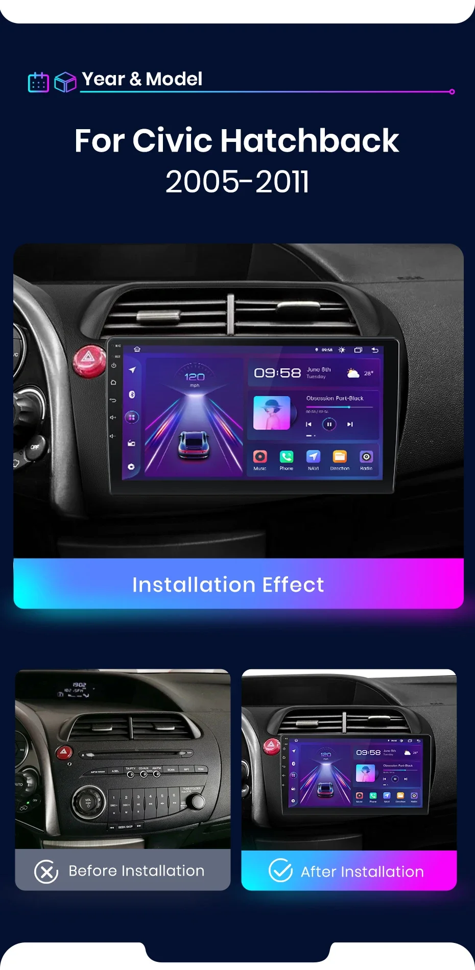 Android Autoradio für Honda Civic 8 2005-2011 4G 8 Core WIFI GPS Navigation Multimedia 2Din