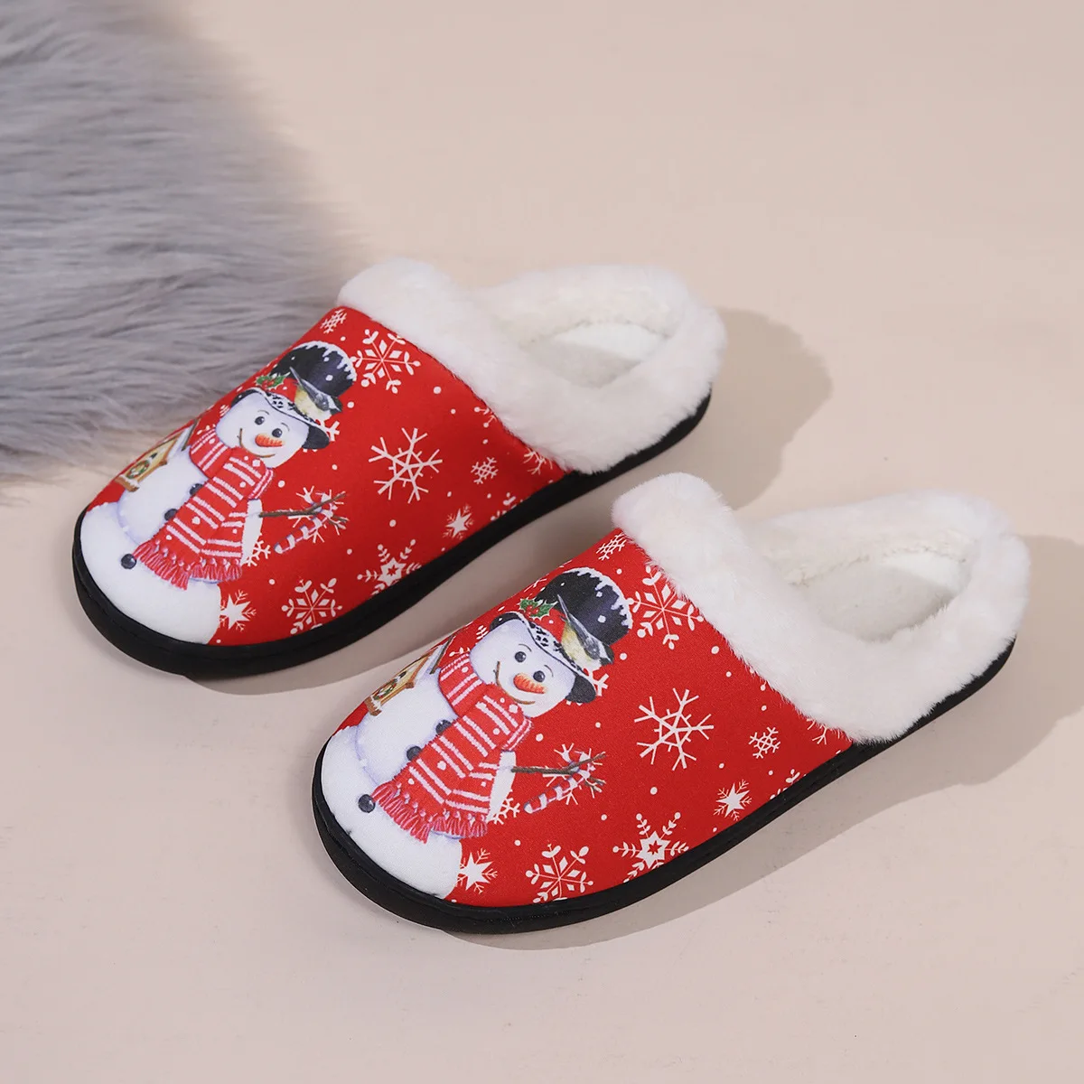 Winter Christmas Home Slippers Cute Cartoon Snowman Print Warm Plush Indoor Shoes Non Slip women Cozy Furry Indoor Soft Flats