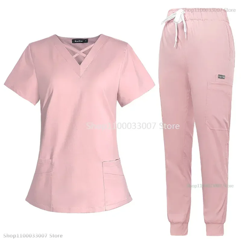 Wholesale Price Joggers Scrubs Set for Women Pet Hospital Uniform Solid Color Scrub Suits Surgical Gown Multiple Pockets V-neck