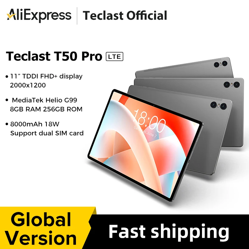 Teclast T50 Pro Android 13 Tablet MTK G99 11" TDDI 2K Full HD 8GB RAM 256GB ROM Dual 4G LTE Type-C 8000mAh 18W PD Ricarica rapida
