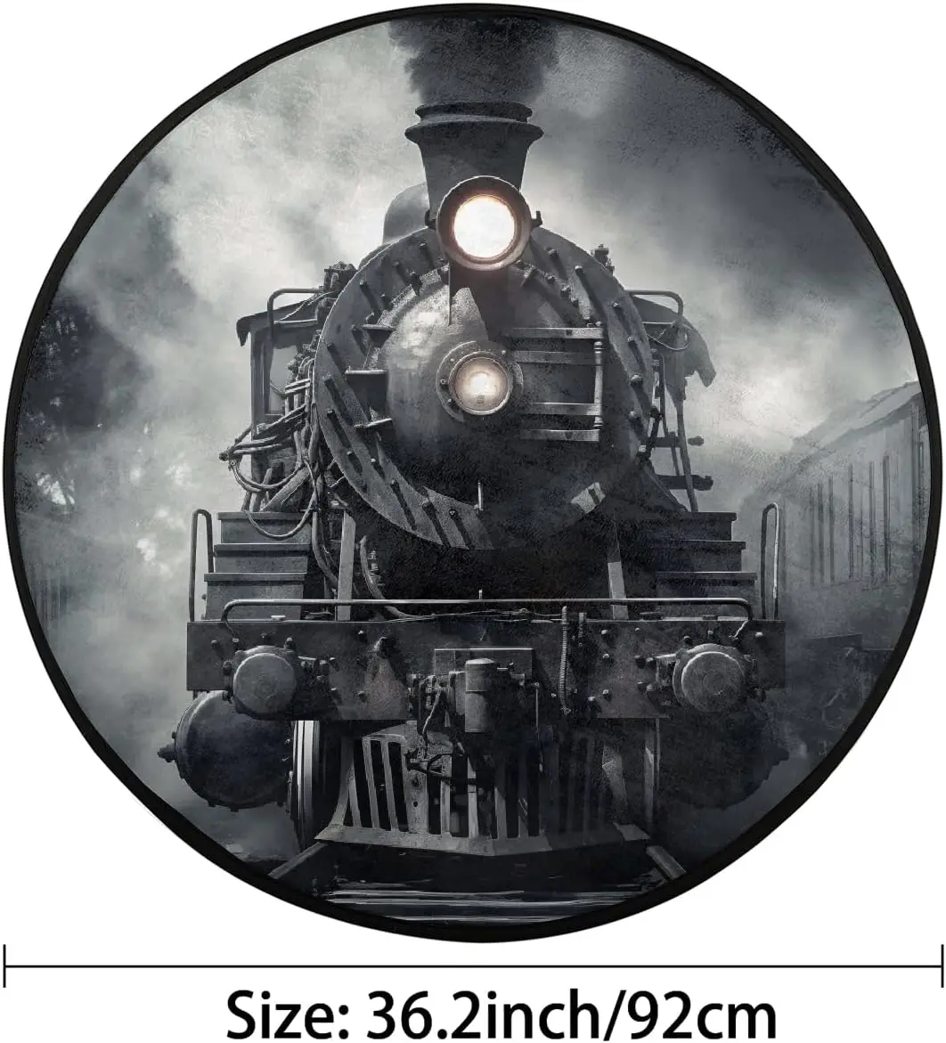 Decorative Circular Steam Train Rug Mat Throw Polyester Floor Carpet for Living Room Decor Vintage Industrial Steampunk Style Ar