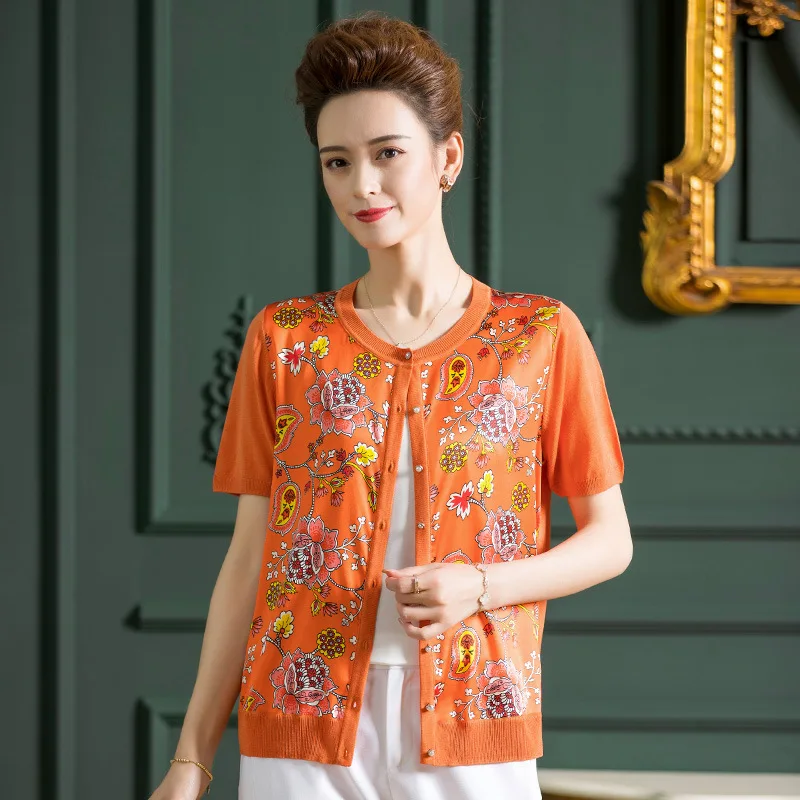 Birdsky, 1PC Women cardigan sweater button outwear top short sleeve 90.2% mulberry silk flower print, Orange S-918